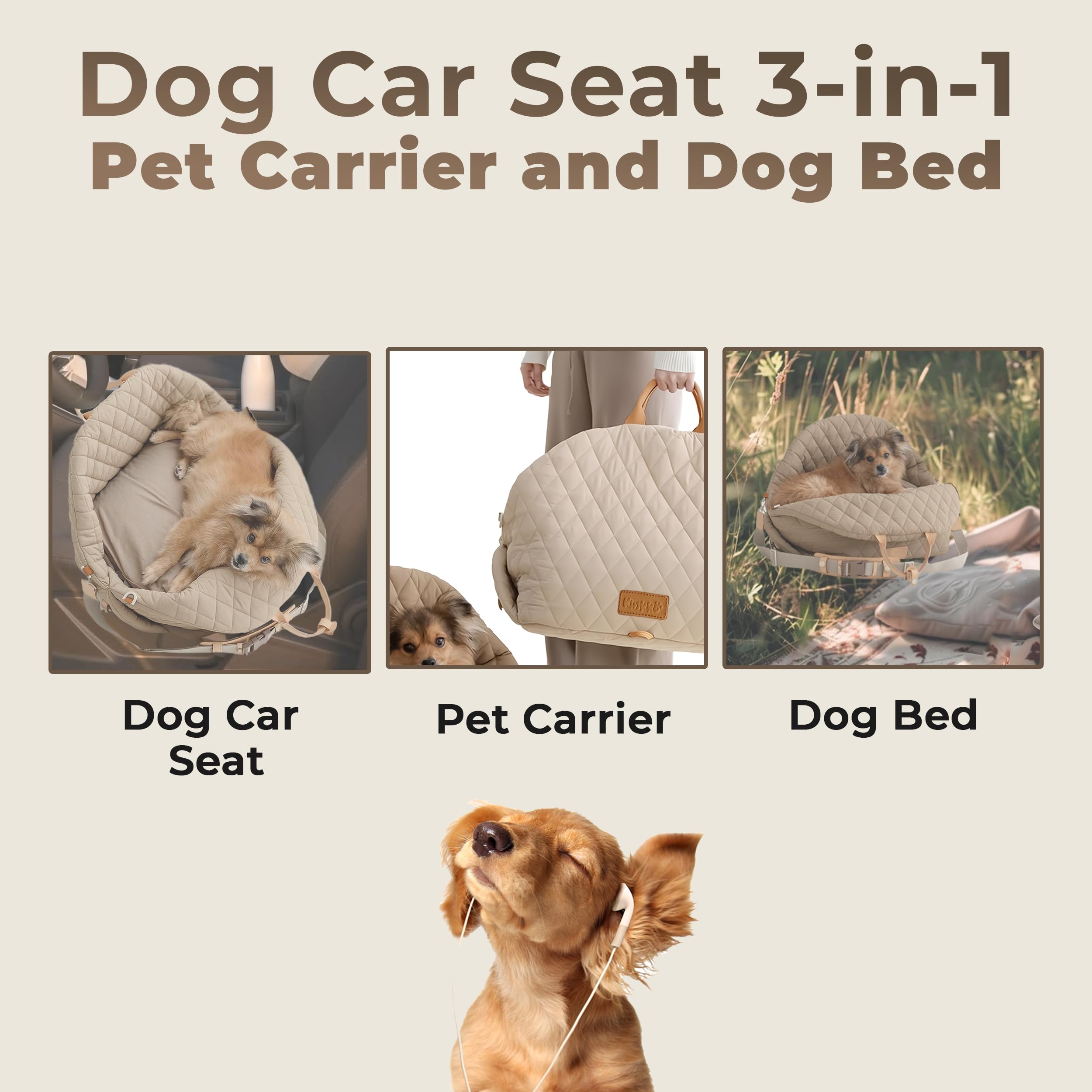A calm dog enjoying a stress-free journey in its minimalist beech dog car seat, reducing travel anxiety.