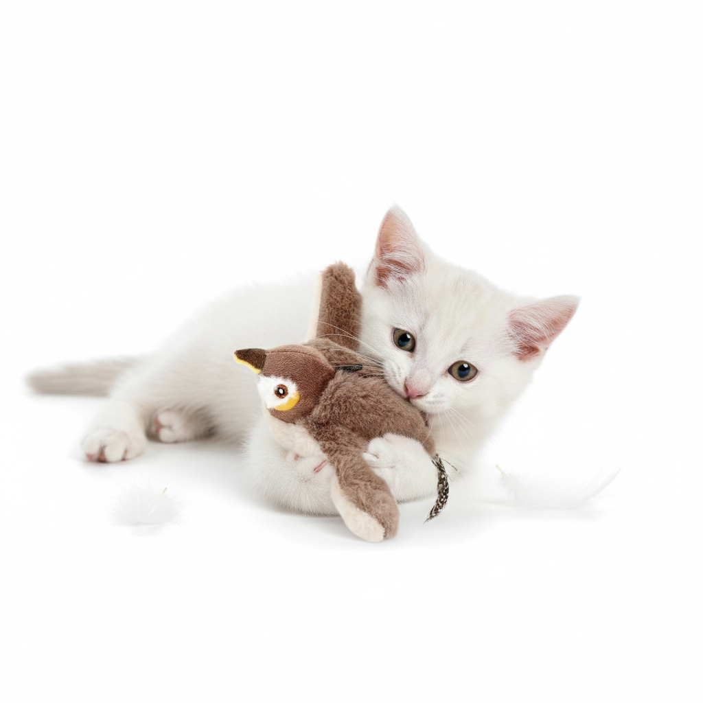 A cat toy bird flying providing daily exercise to prevent obesity and relieve boredom for lonely indoor pets.