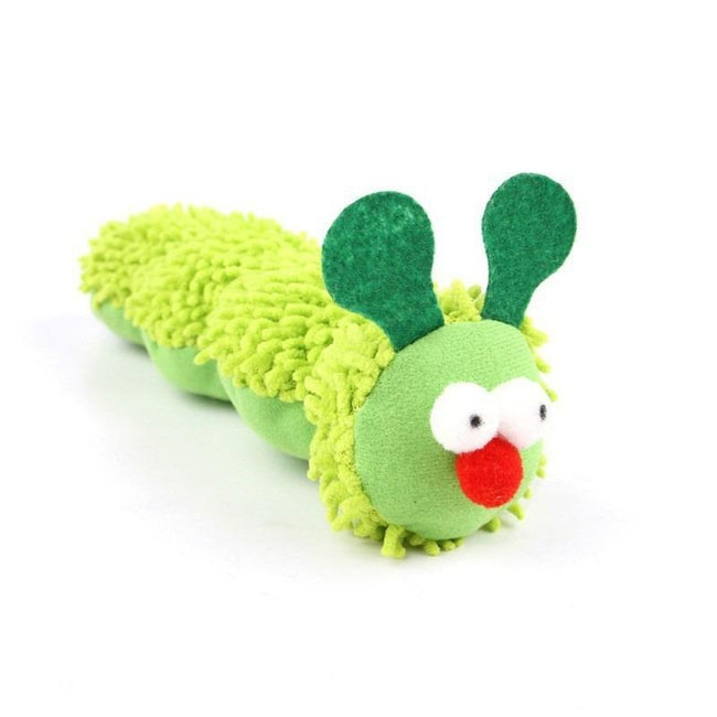 Green caterpillar catnip plush toy for cats with textured body and felt antennae Hover Image