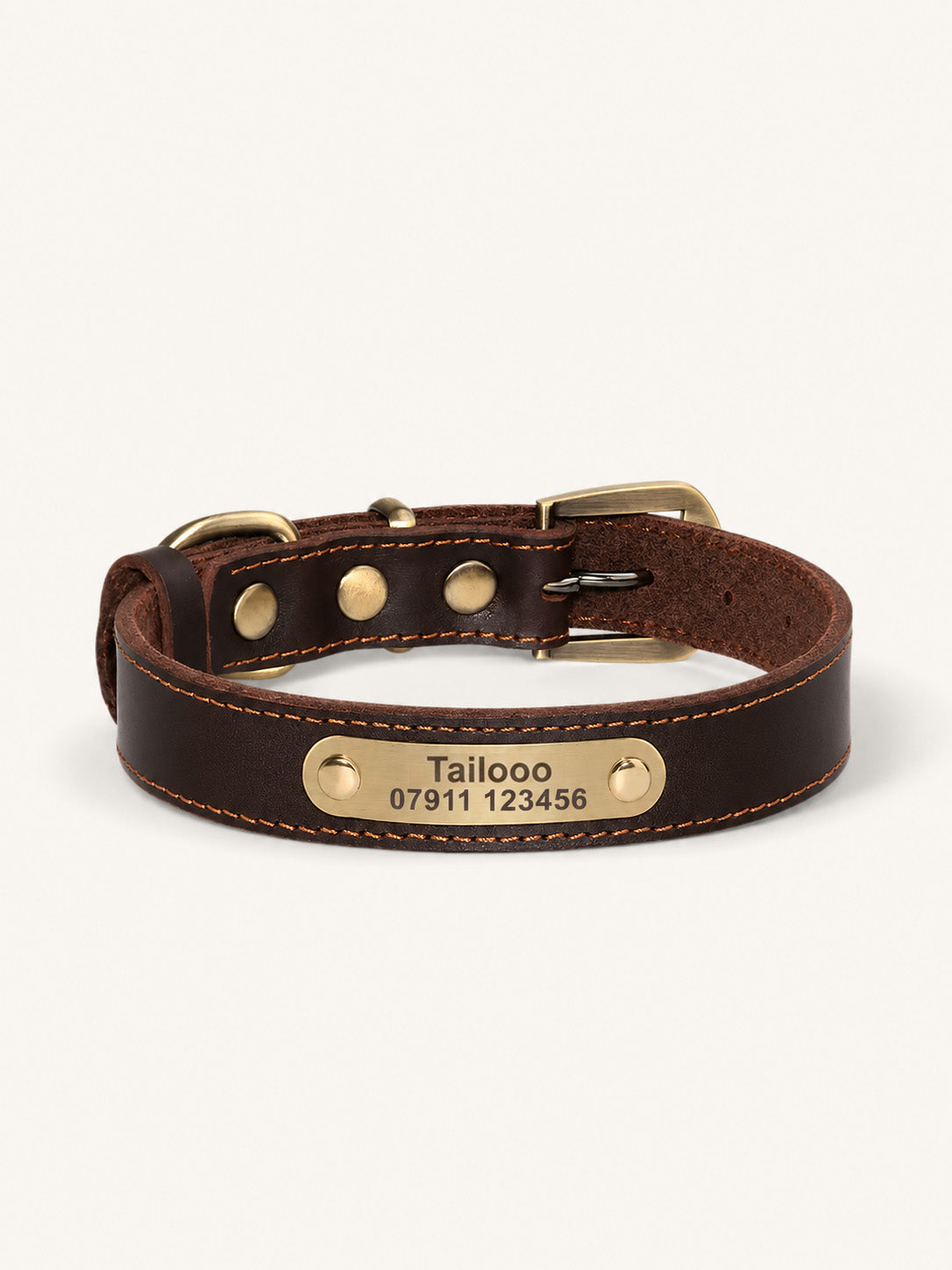 Genuine brown leather personalized dog collar with engraved nameplate, custom personalized dog collars with phone number for lost pet protection. Main image