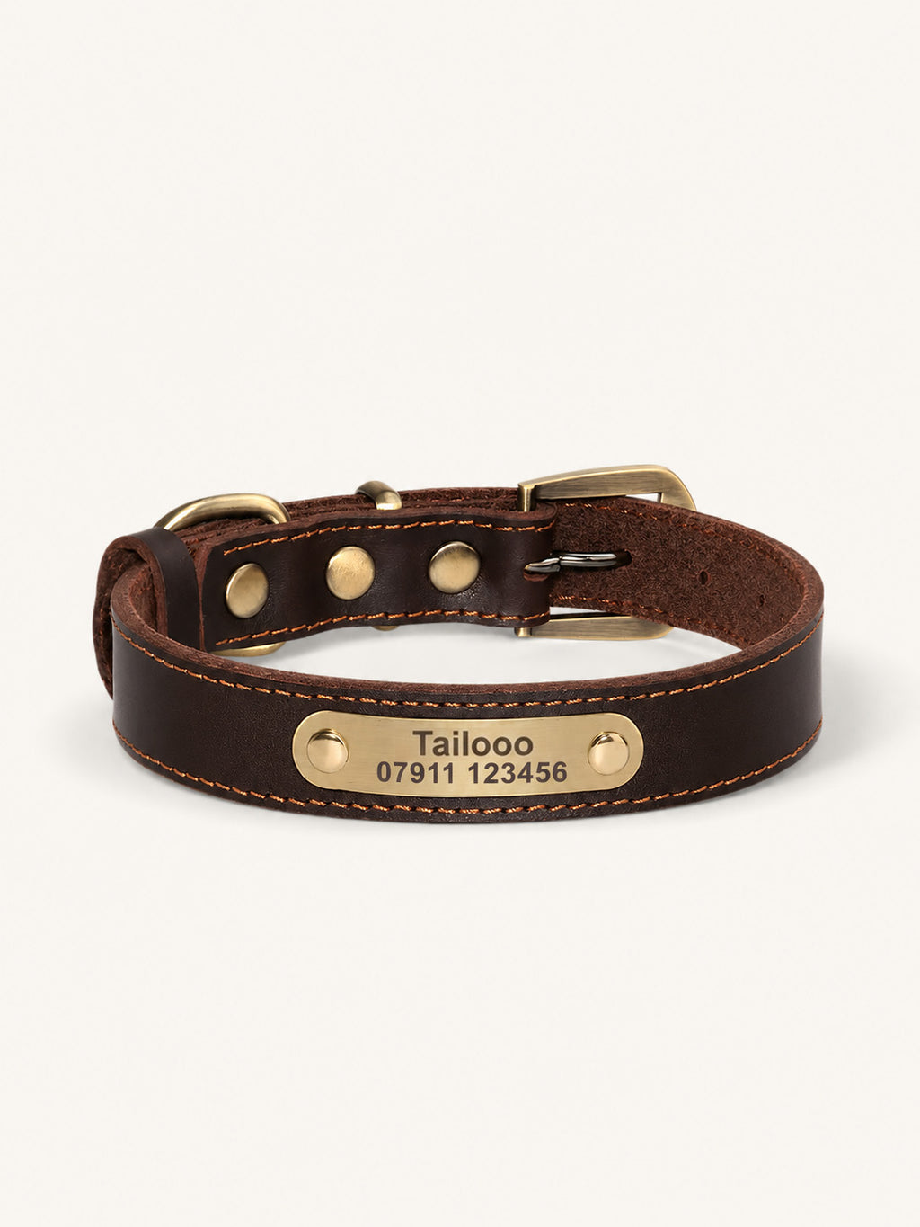 Genuine brown leather personalized dog collar with engraved nameplate, custom personalized dog collars with phone number for lost pet protection.