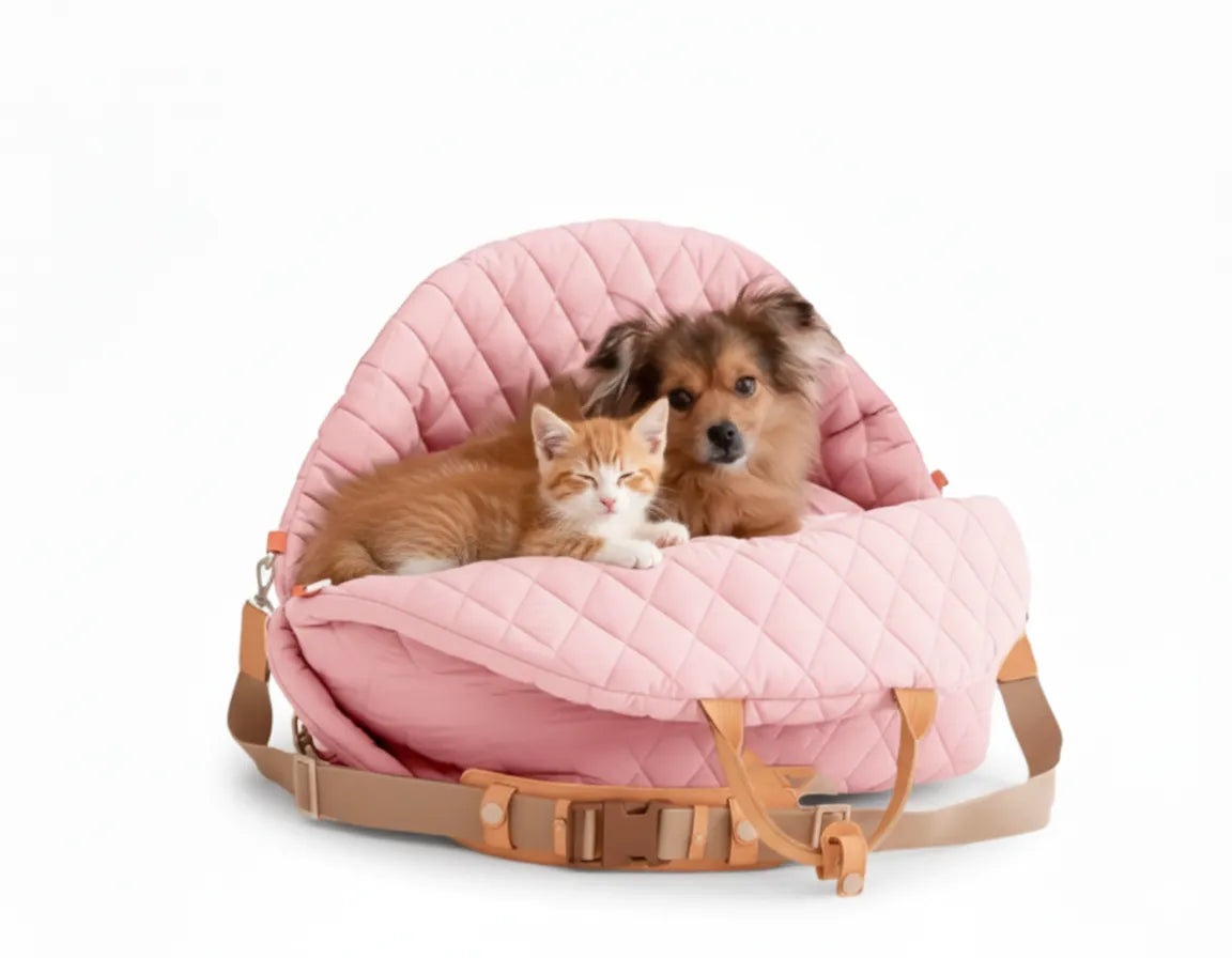 A cute dog enjoying a stress-free journey in its stylish pink dog car seat, making every trip more enjoyable.