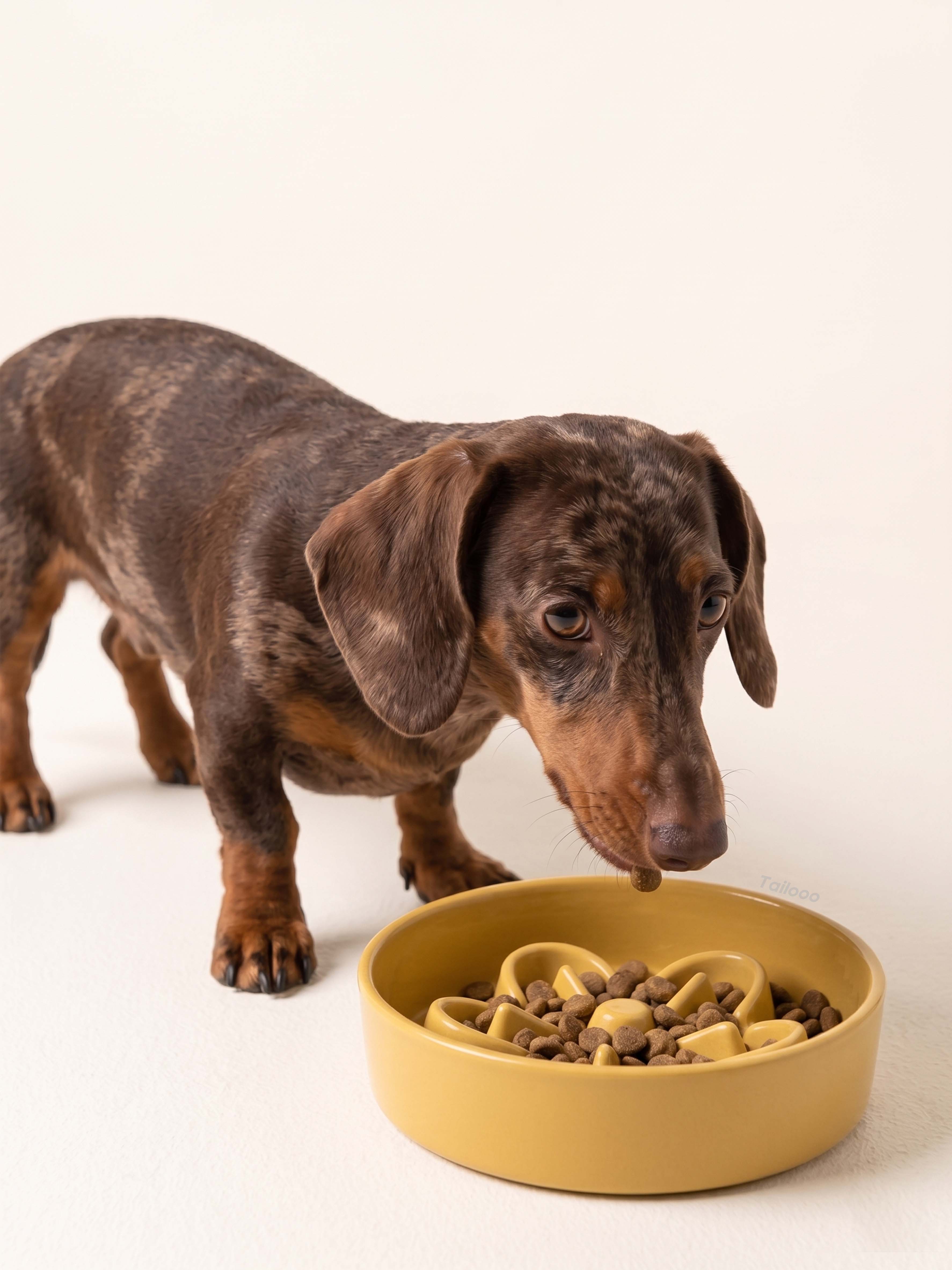 Dachshund eating kibble from a yellow ceramic dog bowl with slow feeder design, slowing down fast eaters.