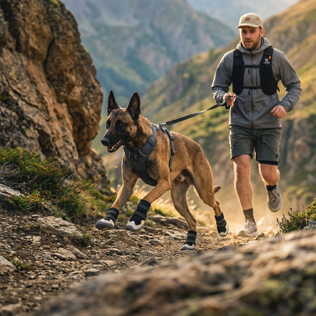 A Belgian Malinois wearing Tailooo dog boots running on a rocky mountain trail alongside its owner, showcasing outdoor hiking use.