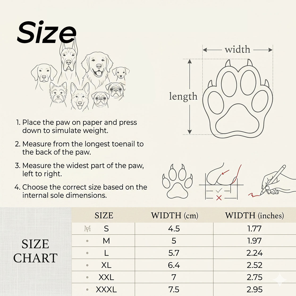 Dog boots size guide showing how to measure paw width and length with a size chart from S to XXXL (4.5cm to 7.5cm width), with illustrated dog breeds and paw diagrams.