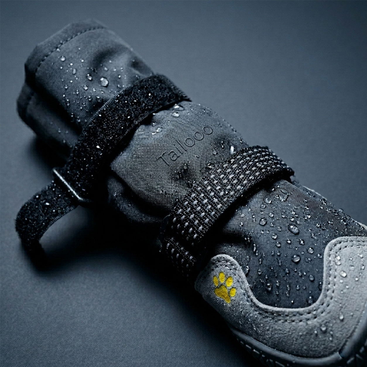 Close-up of a Tailooo dog boot with water droplets on the dark waterproof fabric and velcro straps, demonstrating waterproof performance.