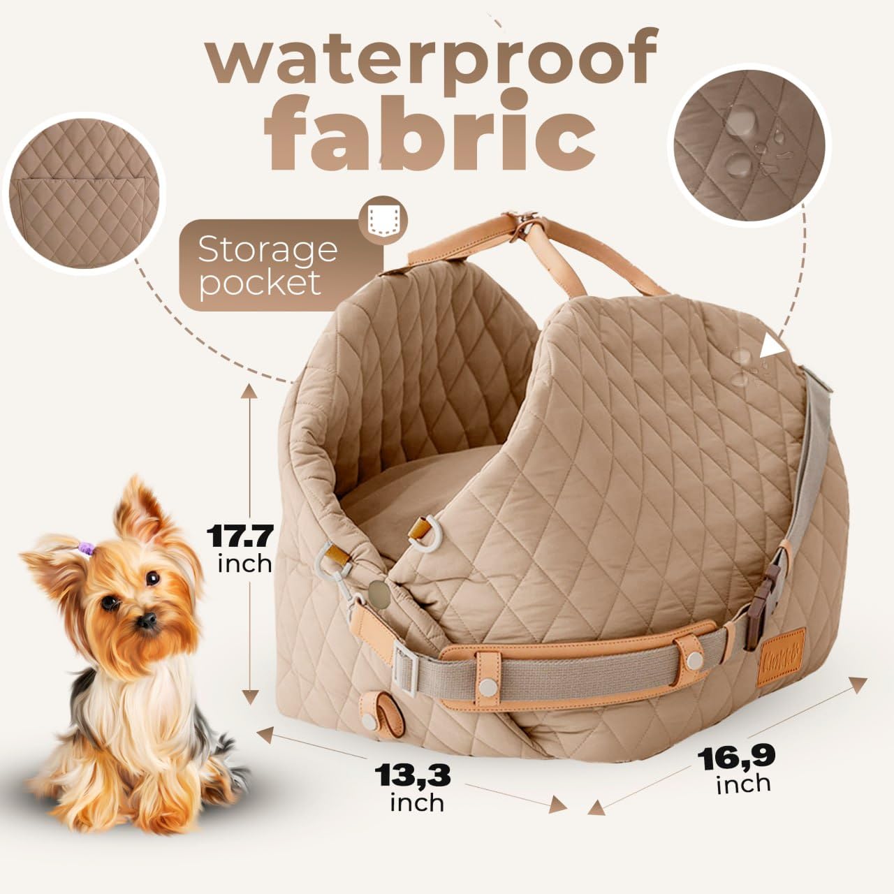 Precise size guide for the beech dog car seat, showing dimensions suitable for small to medium pet breeds up to 15 lbs.
