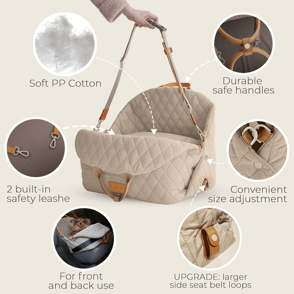 Close-up of the waterproof beech oxford fabric and internal safety clip in the dog car seat for maximum protection.