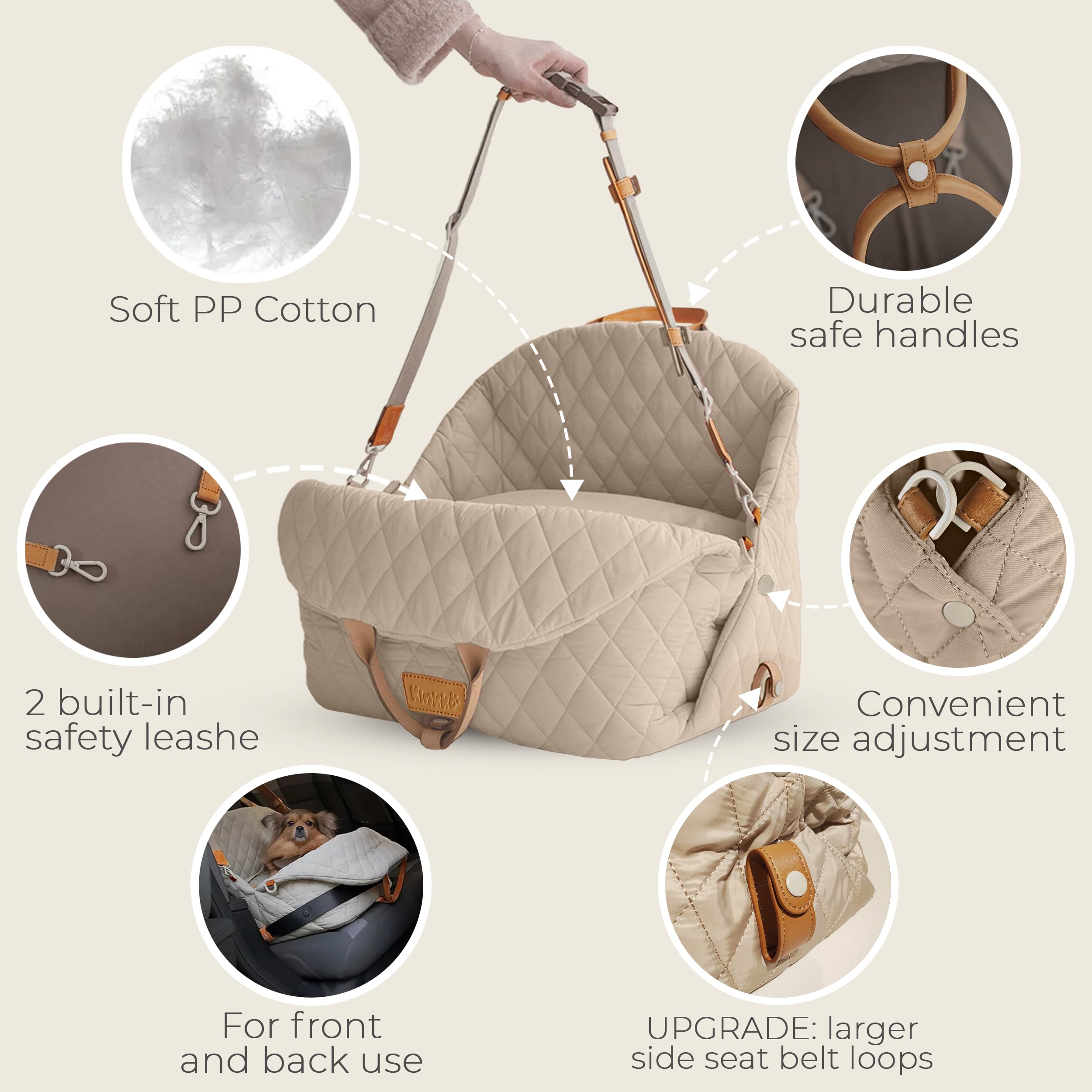 Close-up of the waterproof beech oxford fabric and internal safety clip in the dog car seat for maximum protection.
