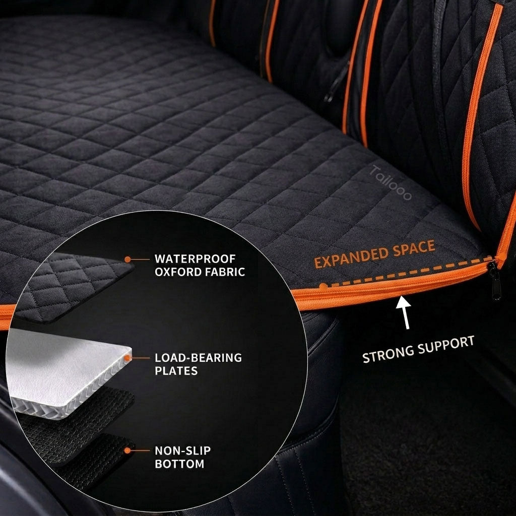 Black quilted dog car seat cover installed in SUV rear seat showing expanded flat surface, with an inset diagram of 5-layer construction: waterproof Oxford fabric, sponge, load-bearing plates, sponge, and non-slip bottom.