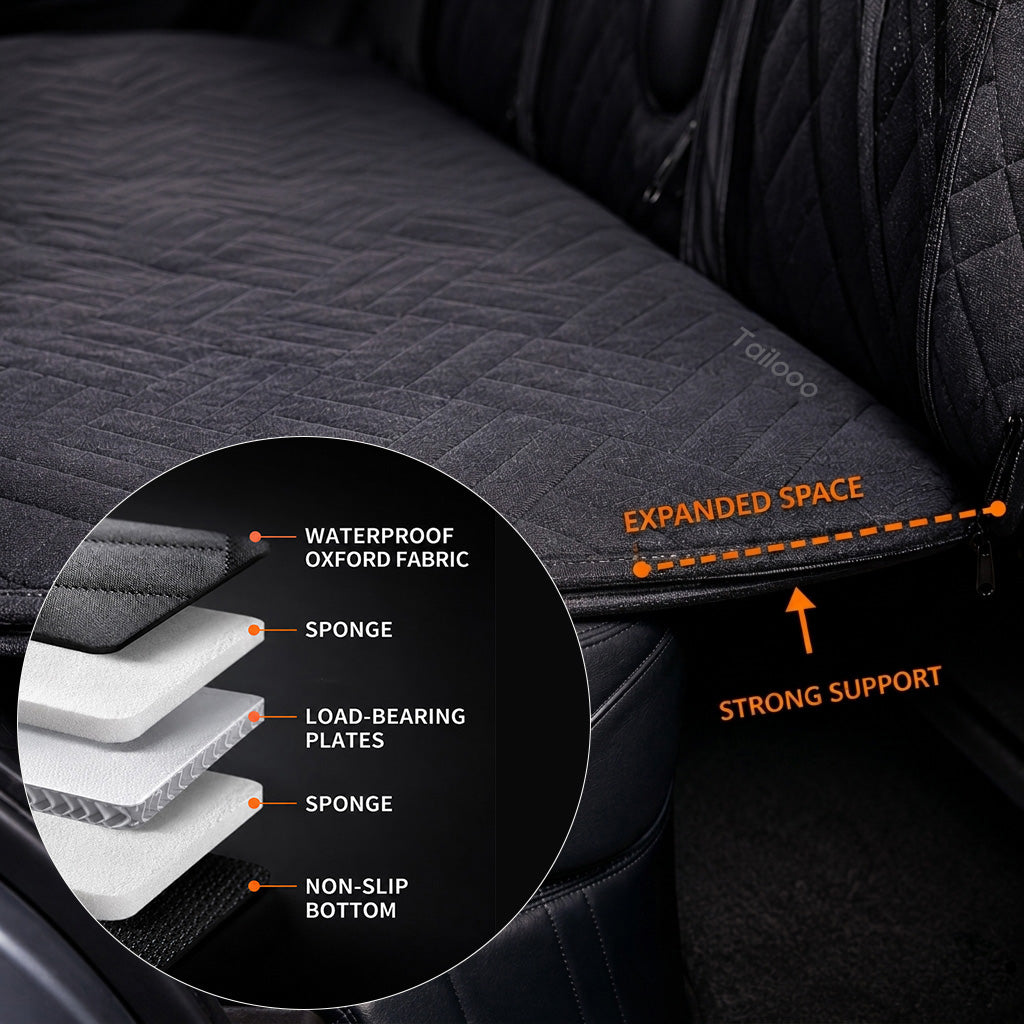 Black quilted dog car seat cover installed in SUV rear seat showing expanded flat surface, with an inset diagram of 5-layer construction: waterproof Oxford fabric, sponge, load-bearing plates, sponge, and non-slip bottom.