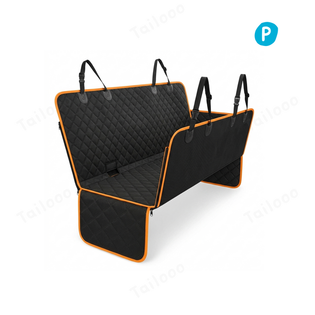 Heavy-duty dog car seat cover with a foldable hard bottom seat extender, providing a stable non-slip surface and full back seat protection for safe pet travel. Hover Image