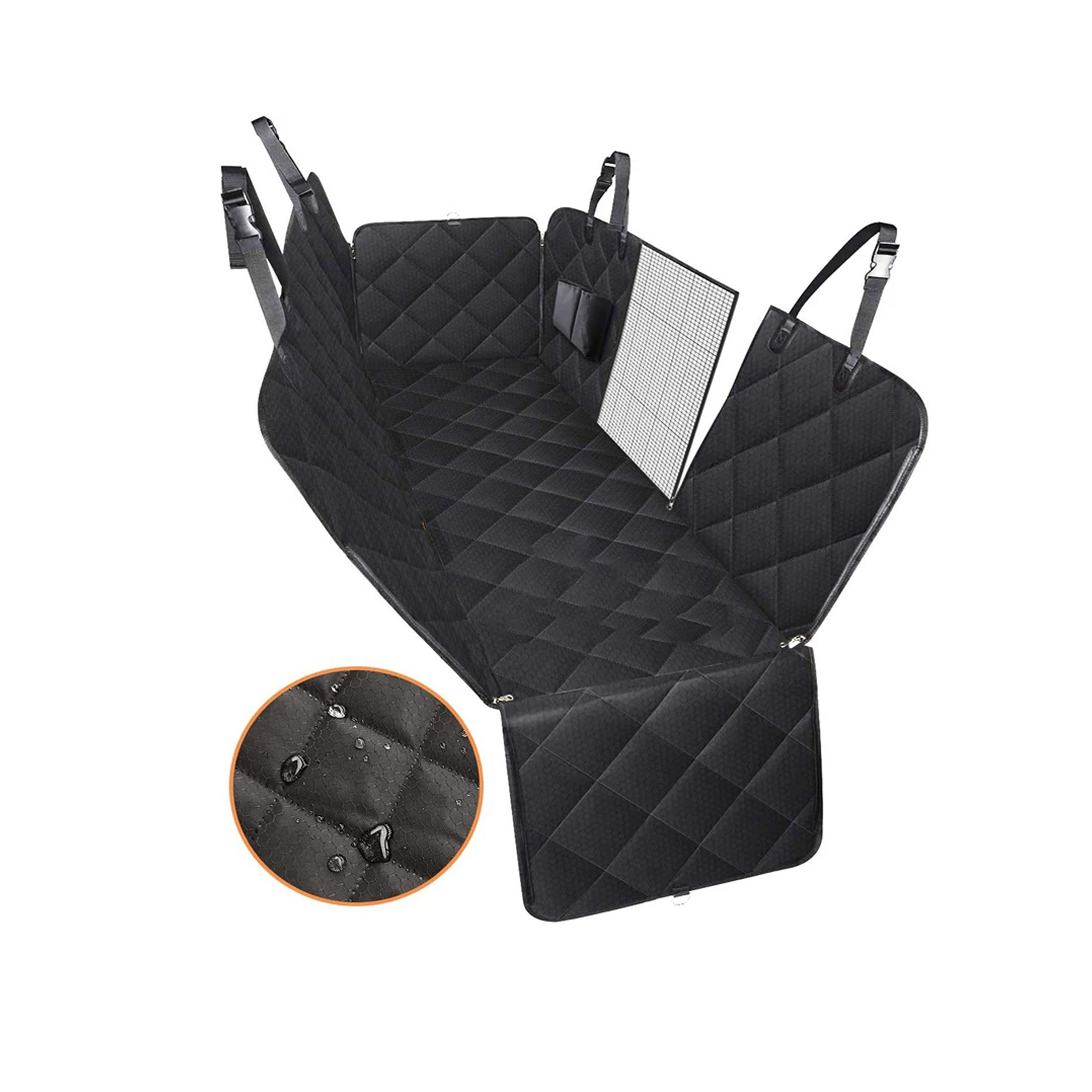Dog Car Seat Cover with hard bottom support protects car back seat from dirt and scratches while giving dogs a safer and more comfortable ride for travel