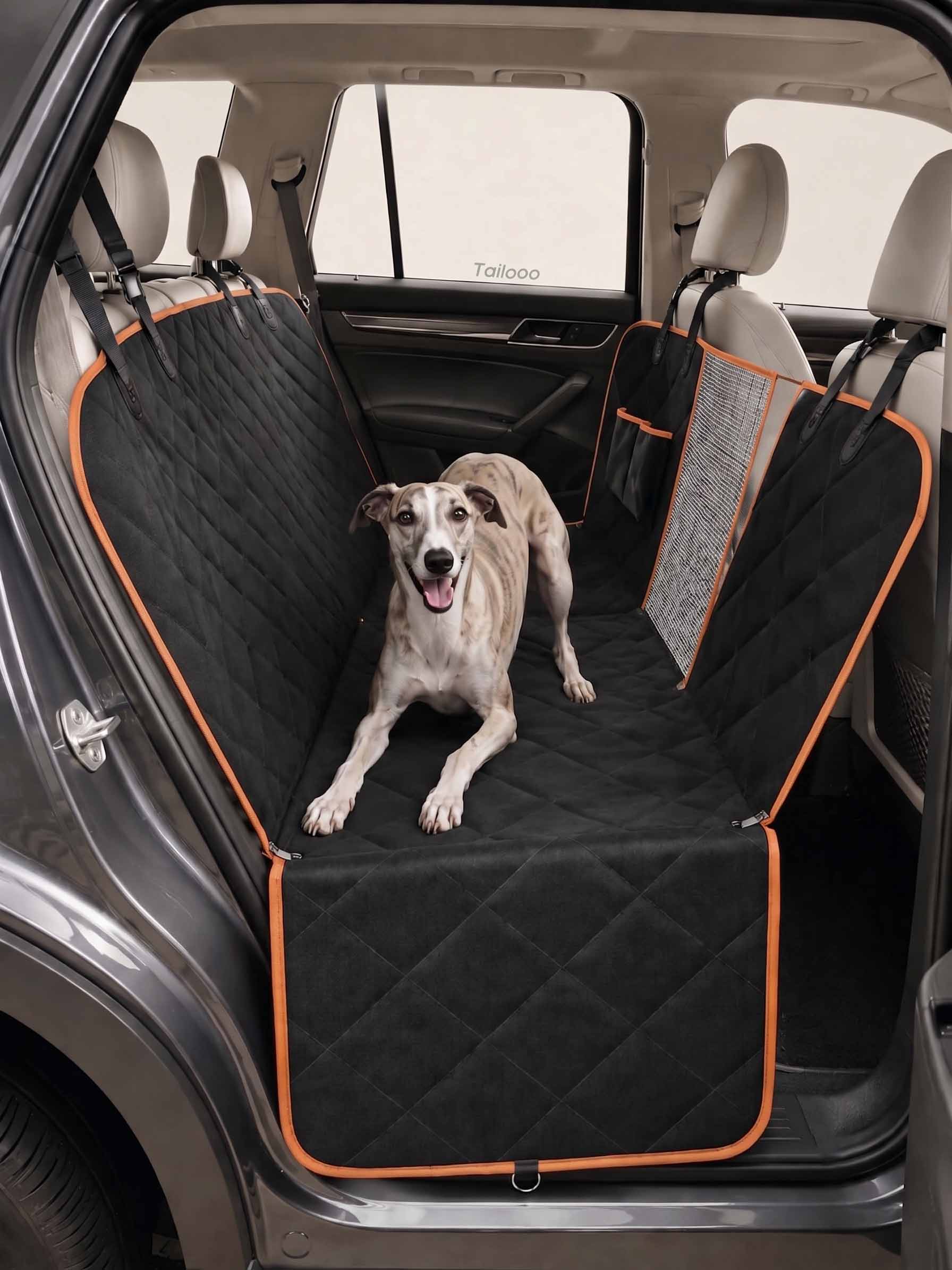 Dog Car Seat Cover for road trips keeps back seat clean from fur and mud while giving your pet a relaxed and secure travel experience