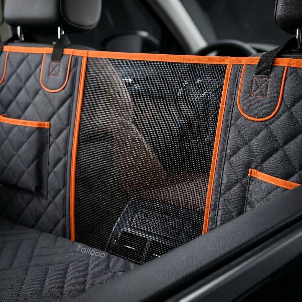 Black dog car seat cover with transparent mesh pet barrier installed between front and rear seats in an SUV, showing a dog visible through the mesh partition.