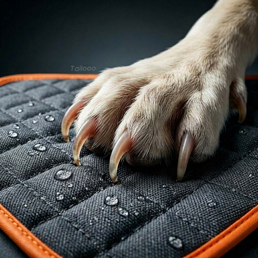 Close-up of a dog's paw with claws pressing on a black quilted waterproof car seat cover, demonstrating scratch resistance with water droplets visible on the fabric.