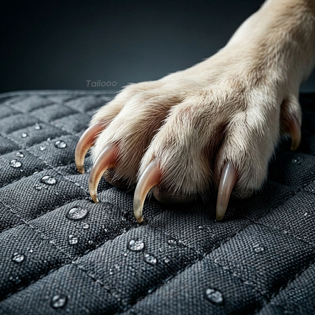 Close-up of a dog's paw with claws pressing on a black quilted waterproof car seat cover, demonstrating scratch resistance with water droplets visible on the fabric.