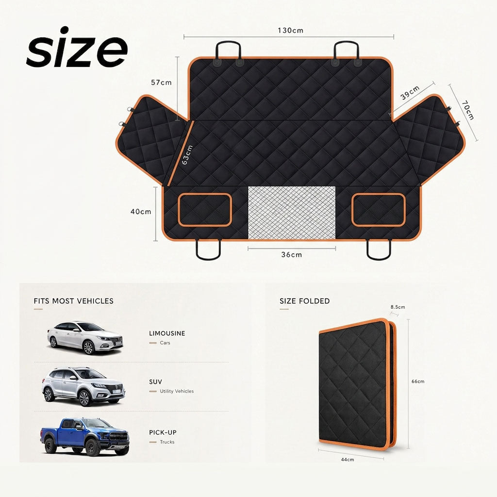 Dog car seat cover size diagram showing 130cm width, side flap dimensions, and folded size of 66×44×8.5cm, compatible with cars, SUVs, and pickup trucks.