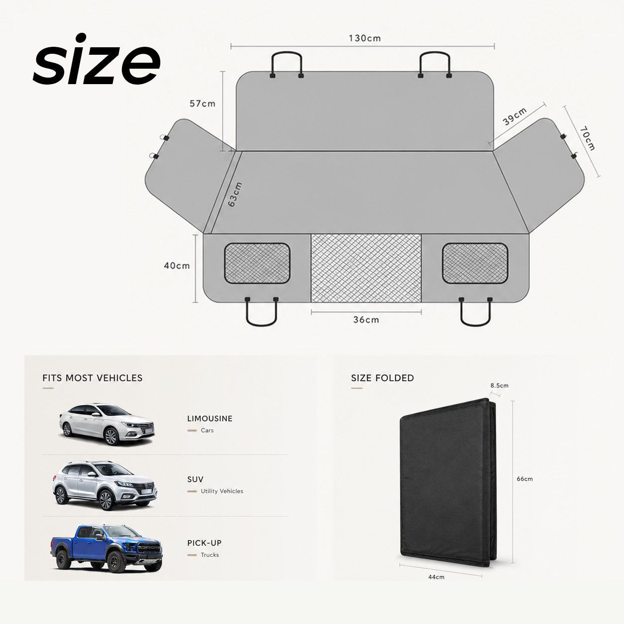 Dog car seat cover size diagram showing 130cm width, side flap dimensions, and folded size of 66×44×8.5cm, compatible with cars, SUVs, and pickup trucks.