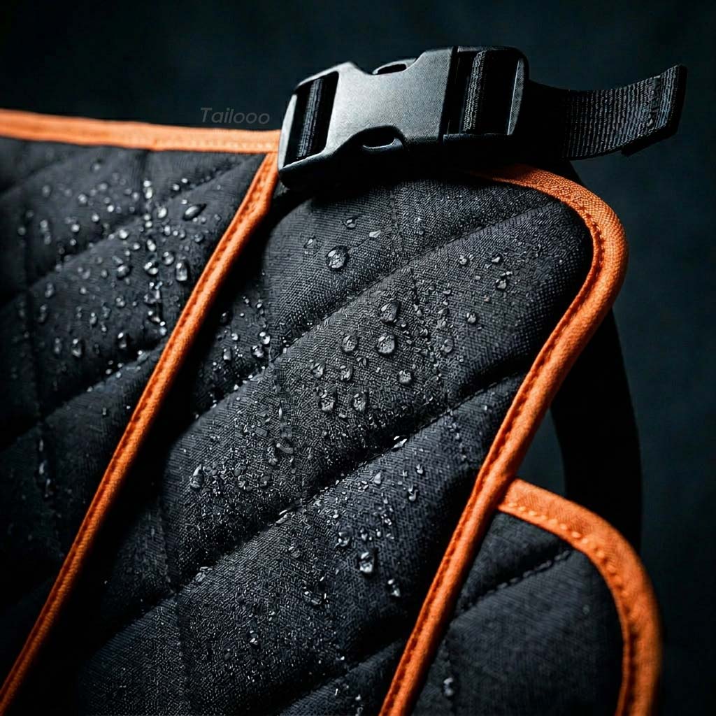 Close-up of black quilted waterproof dog car seat cover with water droplets beading on the surface, and a buckle strap detail visible.