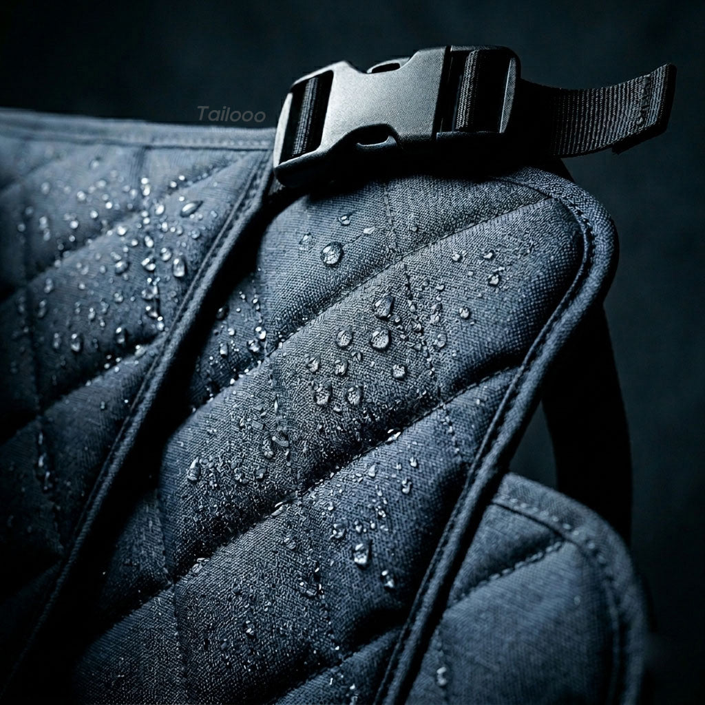 Close-up of black quilted waterproof dog car seat cover with water droplets beading on the surface, and a buckle strap detail visible.