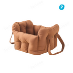 Portable dog car seat in vibrant orange with built-in safety tether for front seat, ensuring a secure and stable ride for small pets.