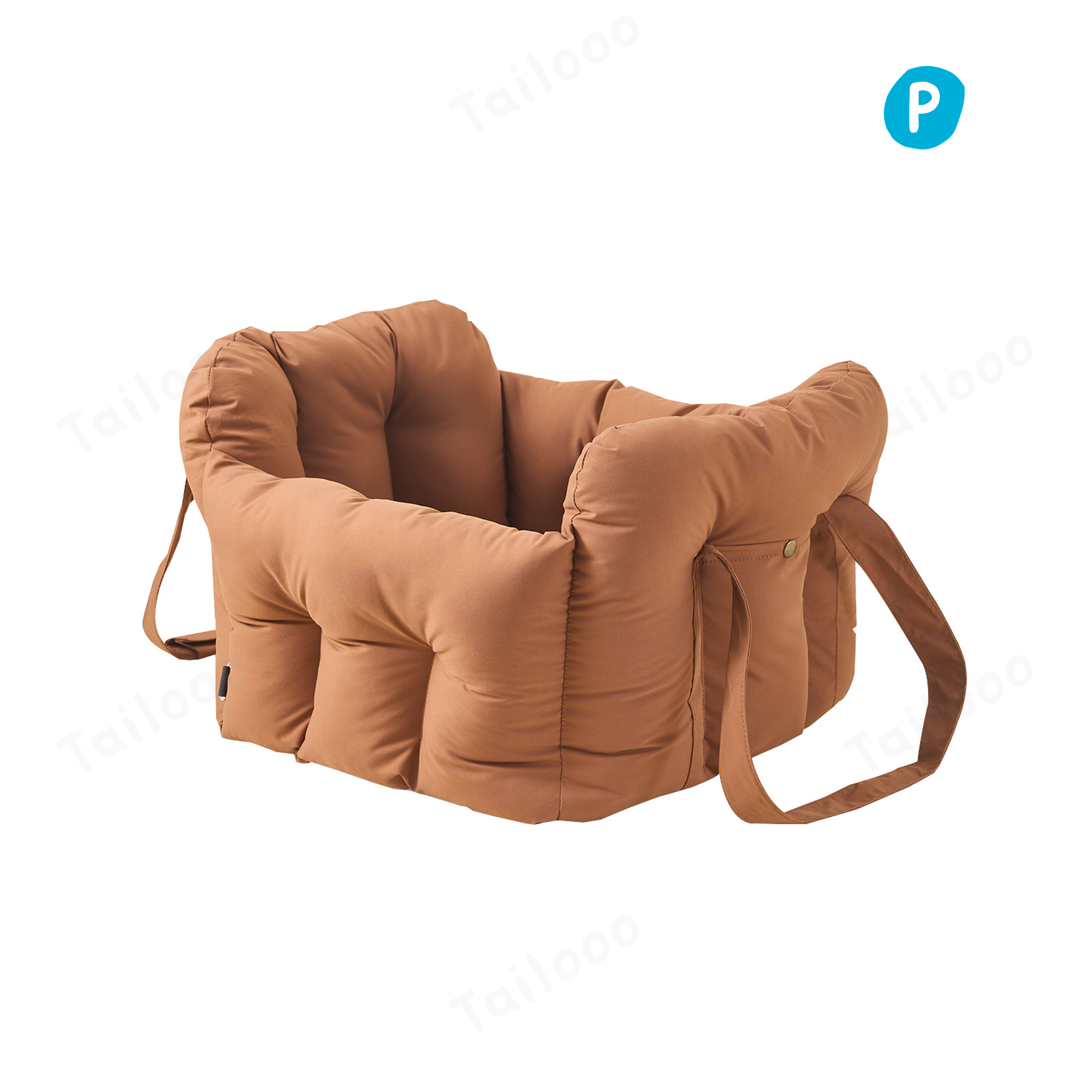 Portable dog car seat in vibrant orange with built-in safety tether for front seat, ensuring a secure and stable ride for small pets.