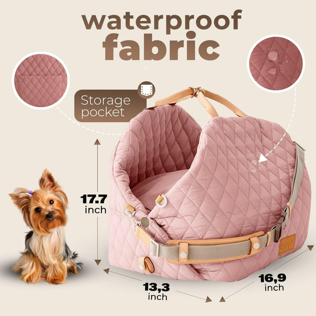 Precise size guide for the pink dog car seat, showing dimensions suitable for small to medium pet breeds.