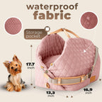 Precise size guide for the pink dog car seat, showing dimensions suitable for small to medium pet breeds.