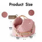 Precise size guide for the pink dog car seat, showing dimensions suitable for small to medium pet breeds.