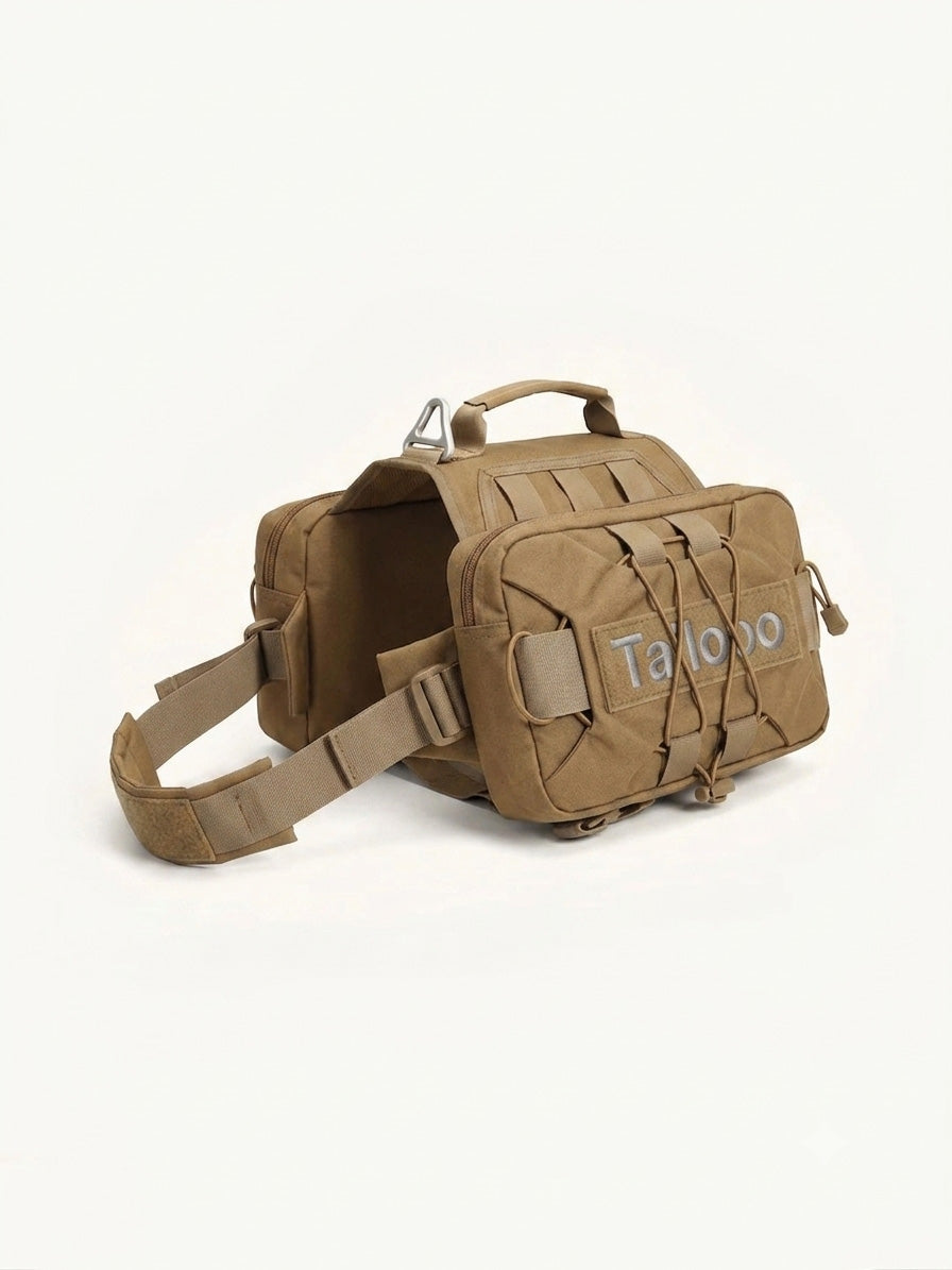 Military yellow dog carrier backpack with durable tactical nylon, waterproof protection and quick-release design for secure outdoor travel.