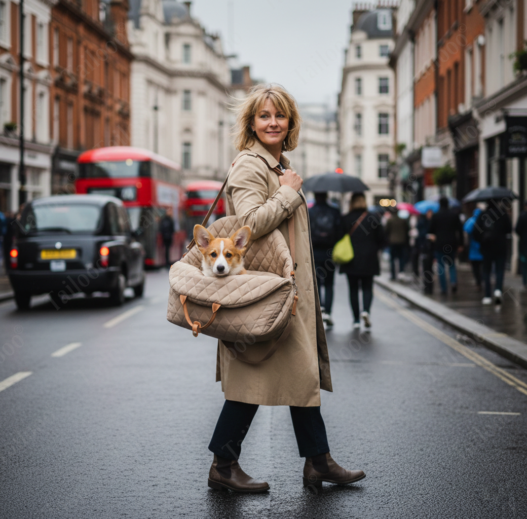 Walking down a busy city street with a small dog secure in the comfortable, discreet beech dog carrier bag.