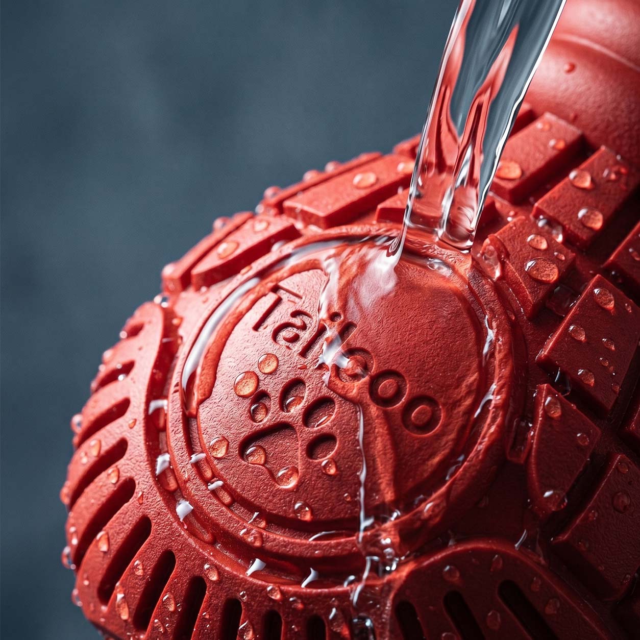Water stream pouring over a Tailooo red rubber dog chew toy, showing easy-clean waterproof surface with water droplets on the grooved rubber.