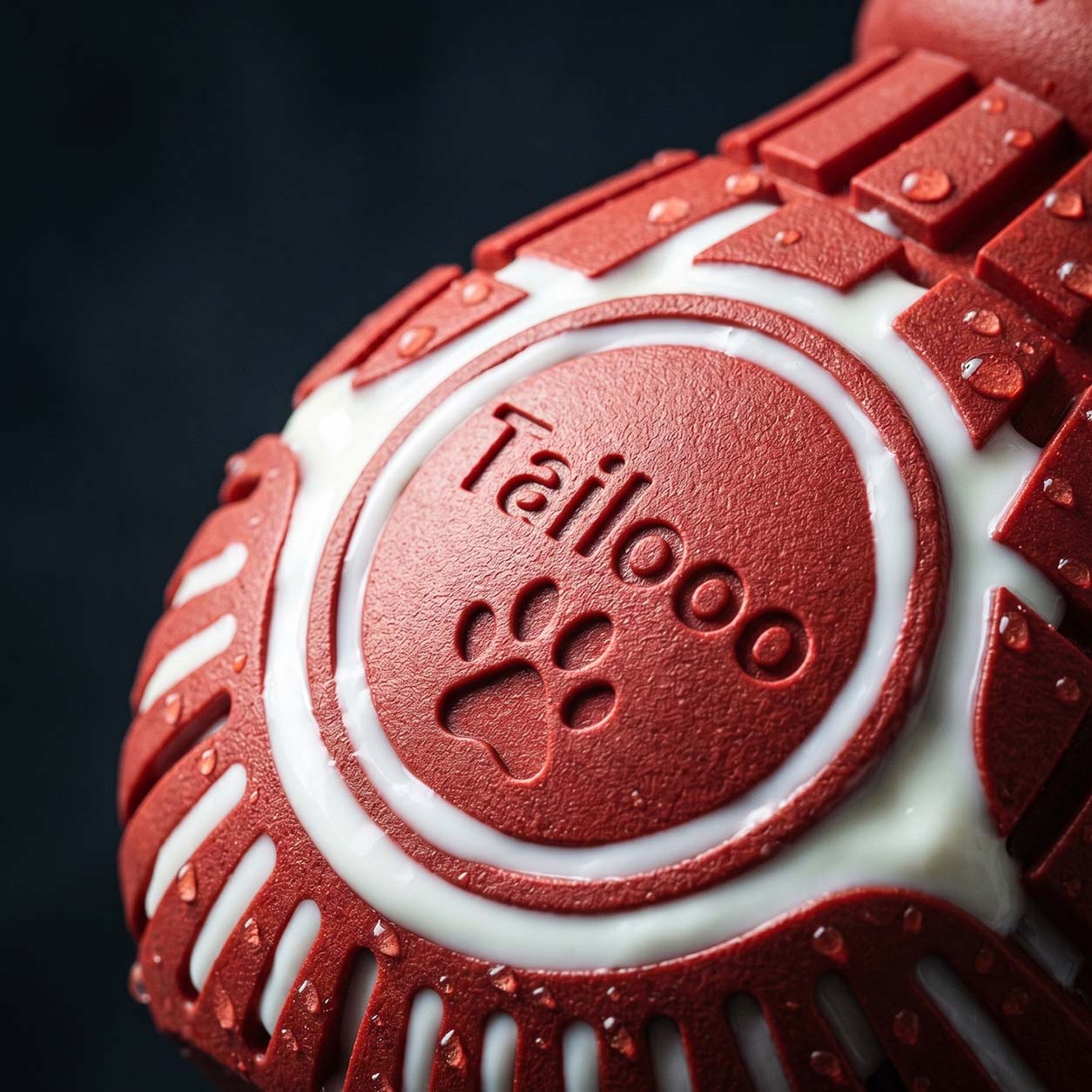 Bottom view of Tailooo red rubber dog chew toy showing the circular paste groove filled with white spreadable treat, designed for lick enrichment.