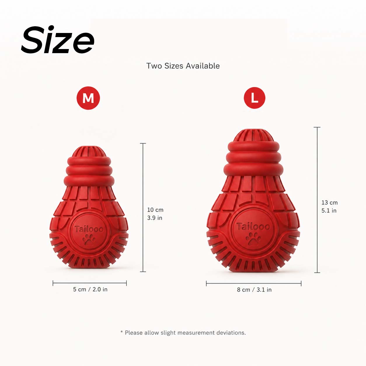 Tailooo dog chew toy size comparison showing M (5×10cm, 155g) and L (8×13cm, 265g) red rubber toys side by side on a light background.