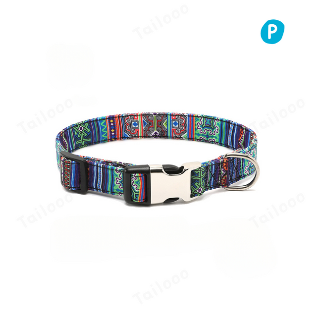 Bohemian floral dog collar with heavy duty metal buckle for stylish and secure outdoor walking.（Blue ethnic style） Hover Image