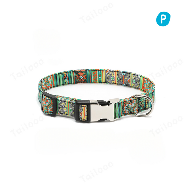 Bohemian floral dog collar with heavy duty metal buckle for stylish and secure outdoor walking.（Green ethnic style） Hover Image