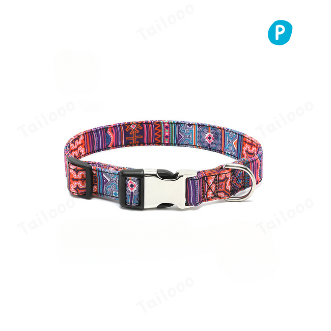 Bohemian floral dog collar with heavy duty metal buckle for stylish and secure outdoor walking.（Orange ethnic style） Hover Image
