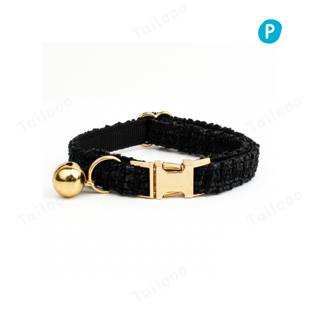 Custom dog collar with Chanel-style tweed design and luxury engraved nameplate, offering a sophisticated look for stylish pets.(Black) Hover Image