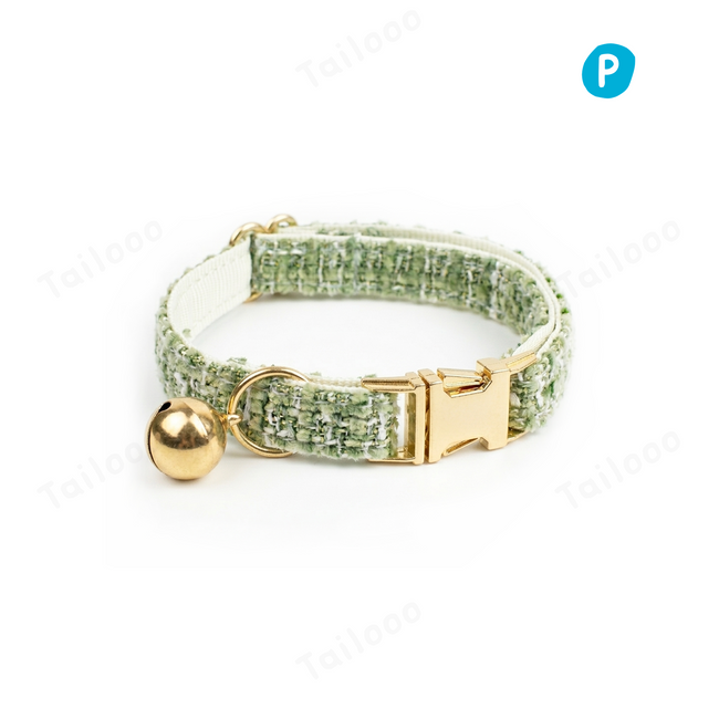 Custom dog collar with Chanel-style tweed design and luxury engraved nameplate, offering a sophisticated look for stylish pets.（ Green ） Hover Image