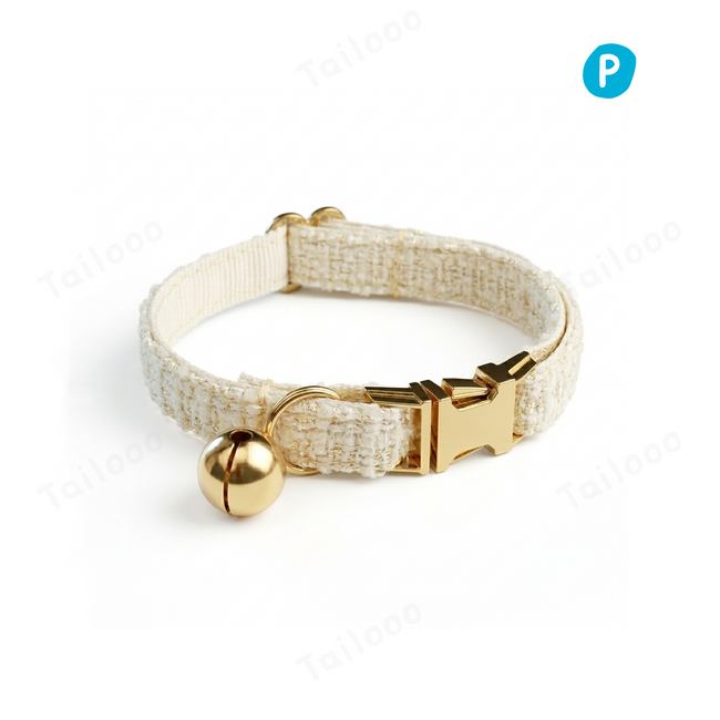 Custom dog collar with Chanel-style tweed design and luxury engraved nameplate, offering a sophisticated look for stylish pets.（White） Hover Image