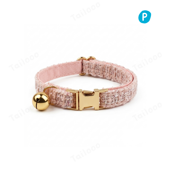 Custom dog collar with Chanel-style tweed design and luxury engraved nameplate, offering a sophisticated look for stylish pets.（pink） Hover Image