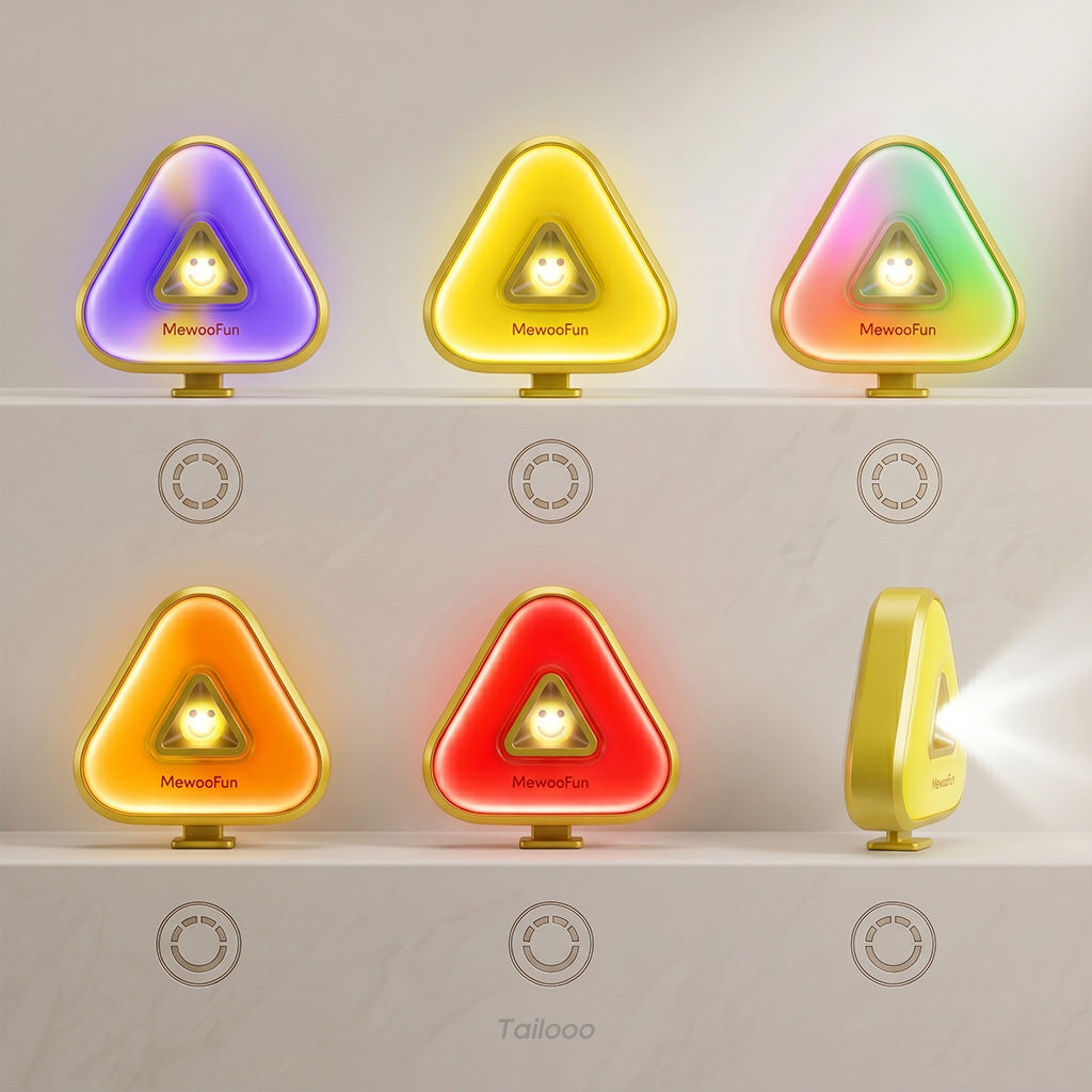 Six Tailooo round dog collar lights displayed in different lighting modes — purple, yellow, rainbow, orange, red, and white spotlight — showing multiple colour and brightness options.