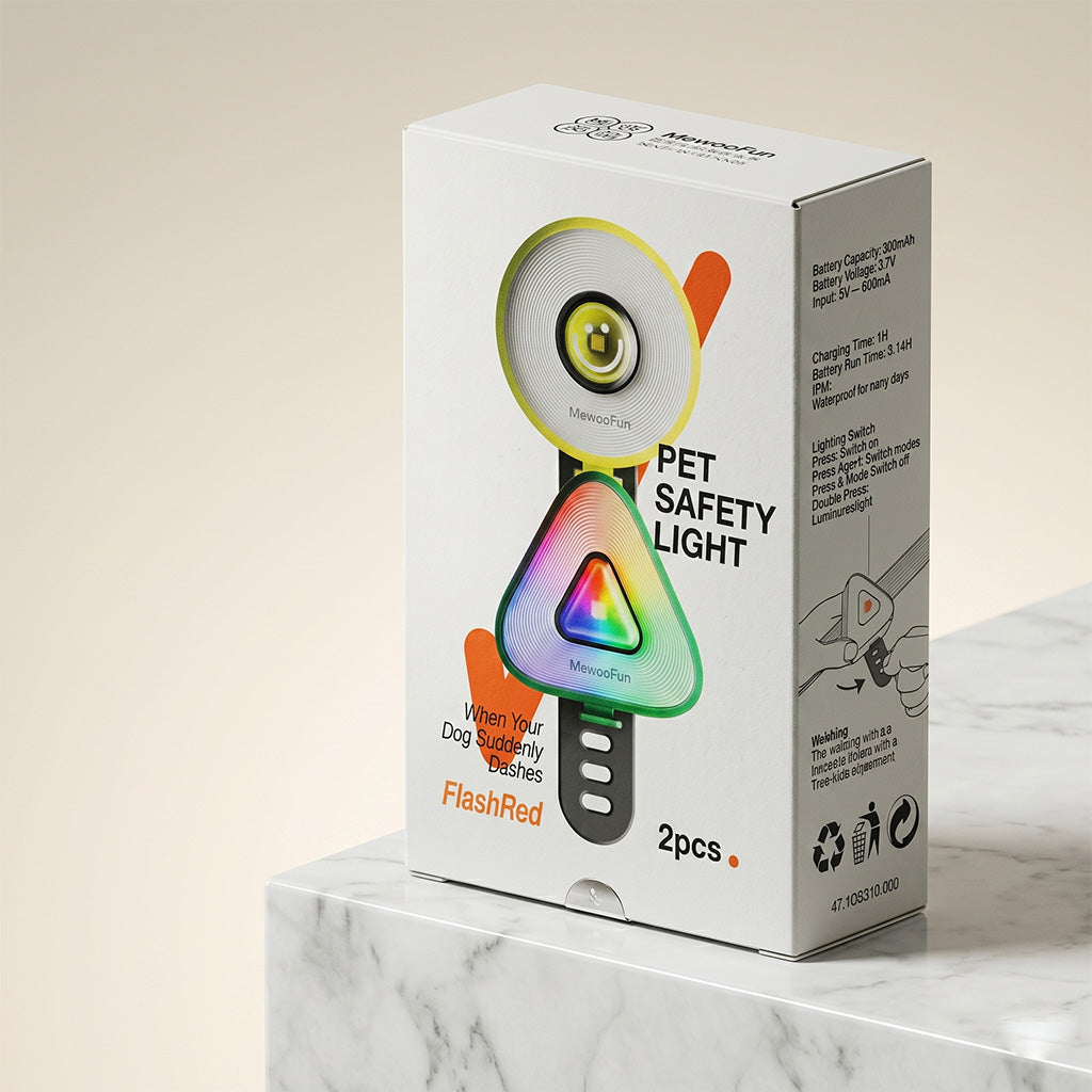 Tailooo Pet Safety Light 2-piece packaging box displayed on a marble surface, showing product name, RGB triangle and round lights, and key specs on the side panel.