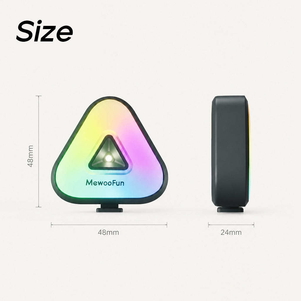 Tailooo triangle dog collar light size diagram showing 48mm width, 48mm height, and 24mm depth with RGB glow, on light grey background.