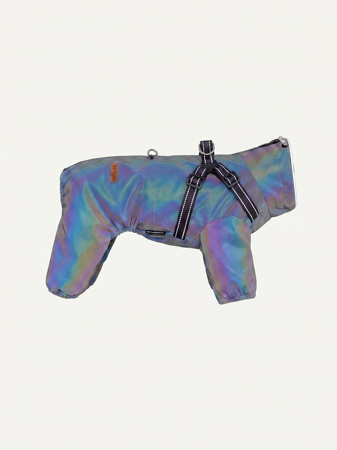Reflective iridescent dog walking coat with adjustable harness straps, flat lay view Main image