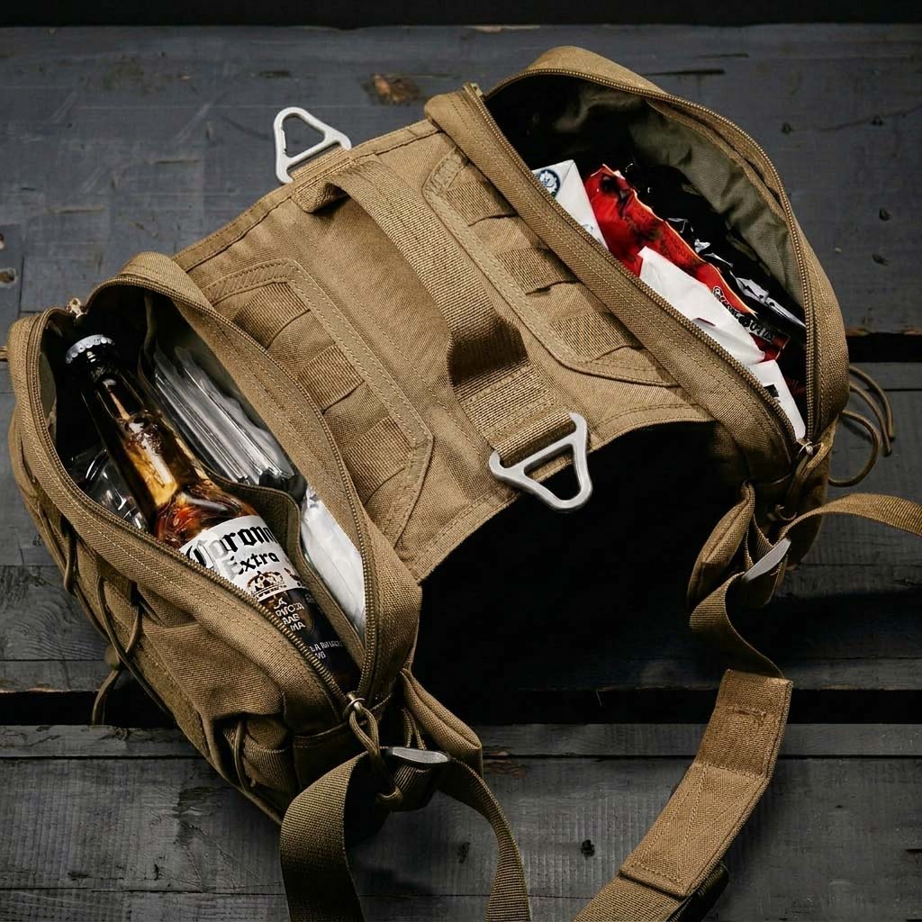 Tailooo dog hiking pack with both side pouches open showing large capacity storage with bottles and snacks, and elastic bungee cord retention system on wooden surface.