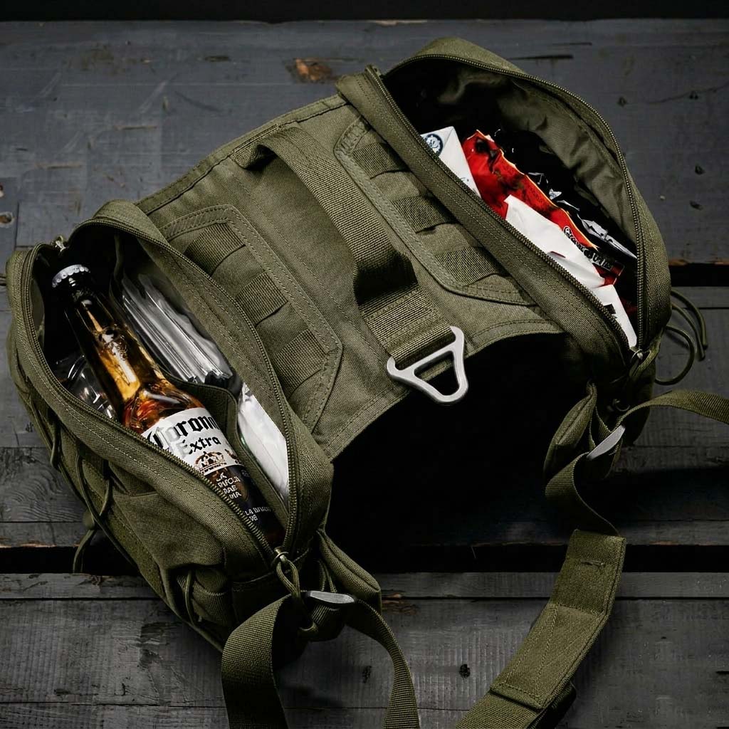 Tailooo dog hiking pack with both side pouches open showing large capacity storage with bottles and snacks, and elastic bungee cord retention system on wooden surface.