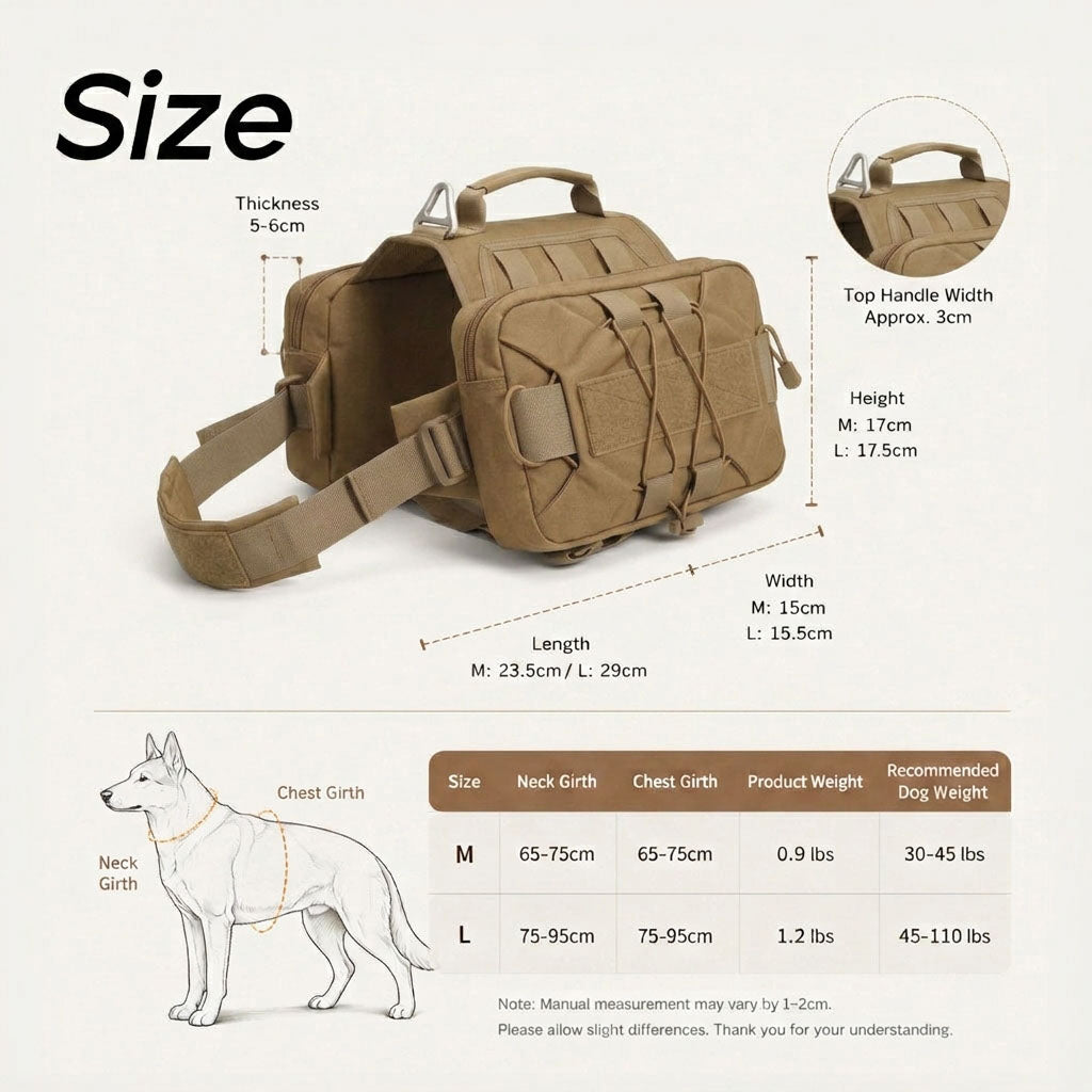 Size chart and dimensions of a tactical dog hiking pack, with chest girth measurements and recommended dog weights.