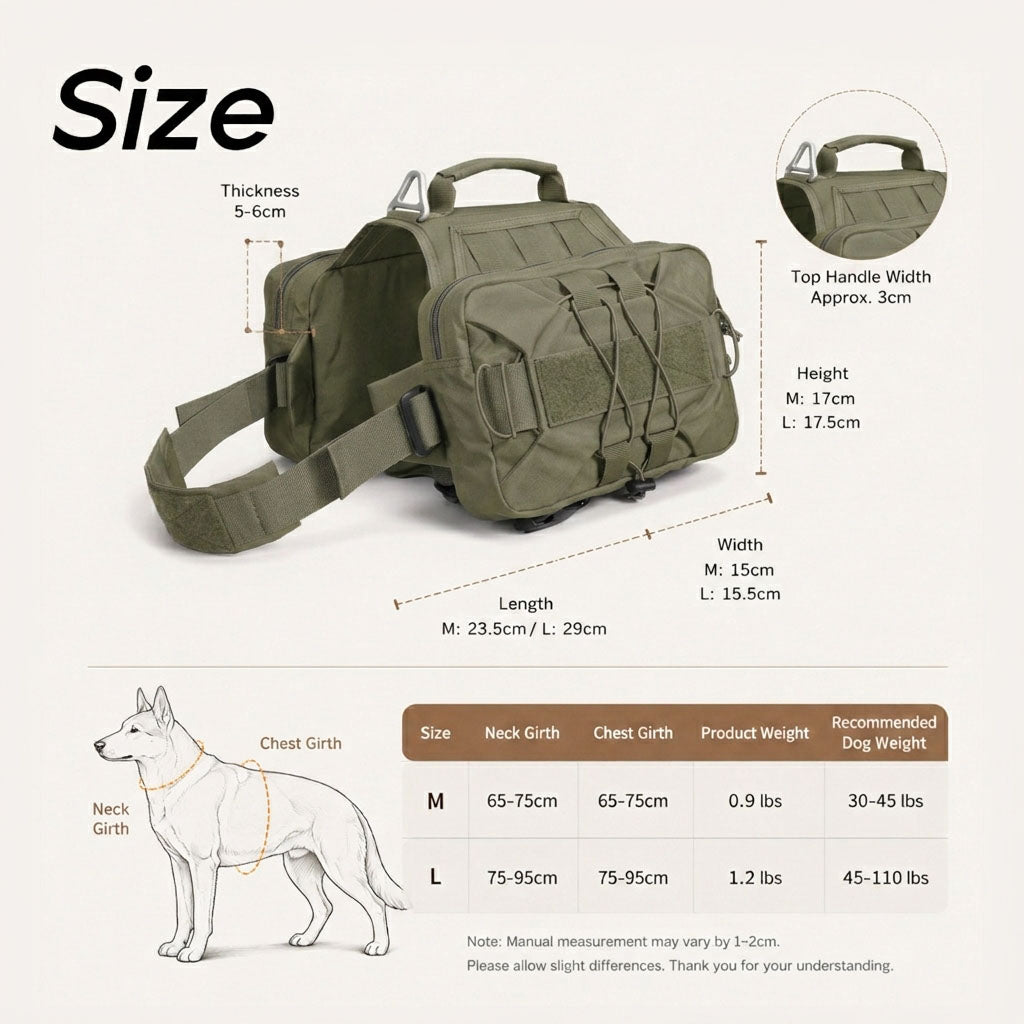 Size chart and dimensions of a tactical dog hiking pack, with chest girth measurements and recommended dog weights.